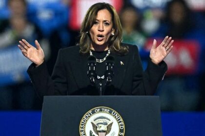 US Vice President and Democratic presidential candidate Kamala Harris speaks during a campaign rally on the Benjamin Franklin Parkway in Philadelphia, Pennsylvania on November 4, 2024. (Photo by ANGELA WEISS / AFP)