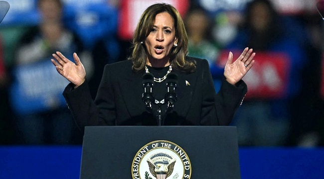 US Vice President and Democratic presidential candidate Kamala Harris speaks during a campaign rally on the Benjamin Franklin Parkway in Philadelphia, Pennsylvania on November 4, 2024. (Photo by ANGELA WEISS / AFP)