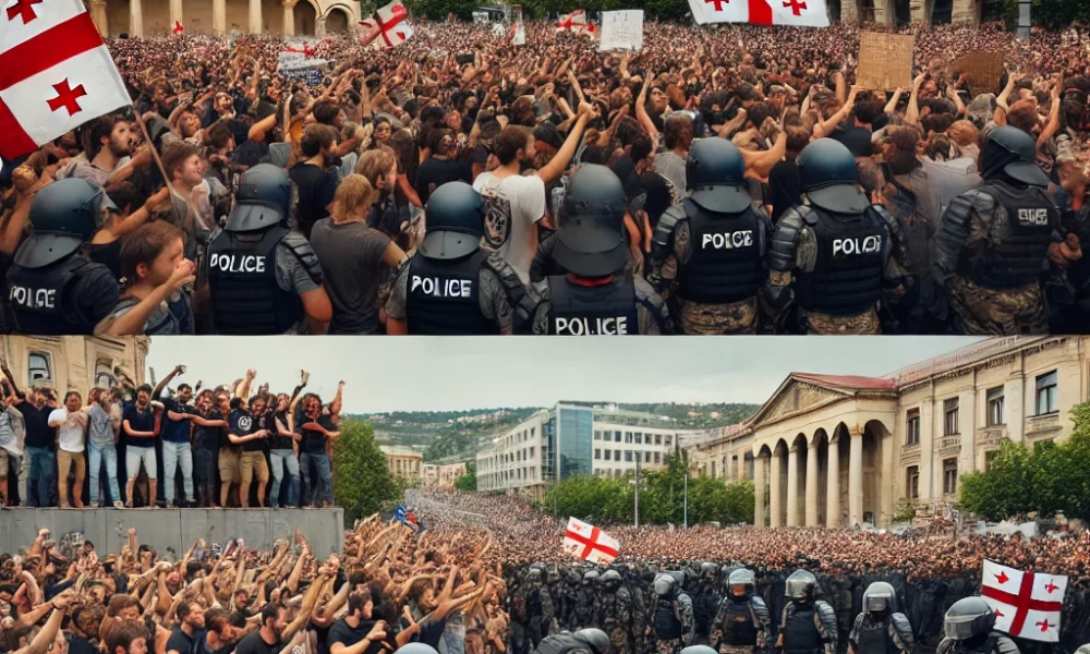 Image depicting the scene at the pro-Western protest in Tbilisi, Georgia, with police arresting demonstrators.