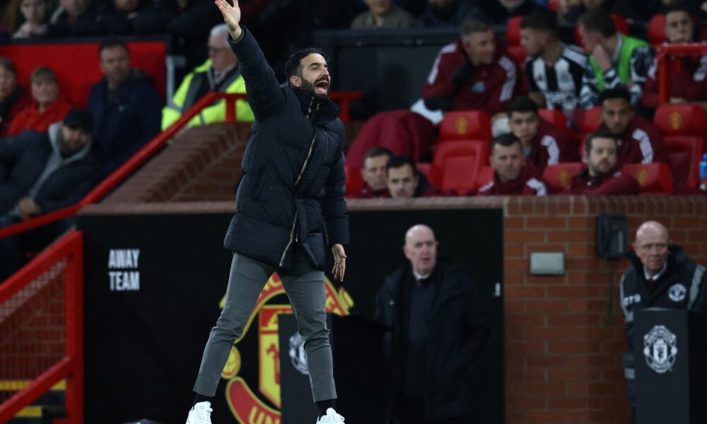 Manchester United’s Portuguese head coach Ruben Amorim shouts instructions to the players from the touchline during the English Premier League football match between Manchester United and Newcastle United at Old Trafford in Manchester, north west England, on December 30, 2024. (Photo by Darren Staples / AFP) /