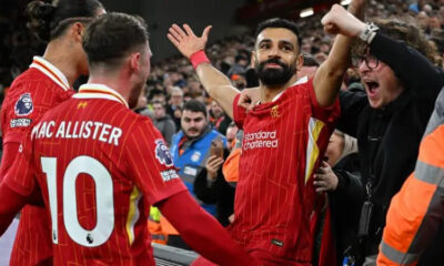 Salah celebrated with Liverpool's fans after scoring the second goal in the win over Manchester City at Anfield