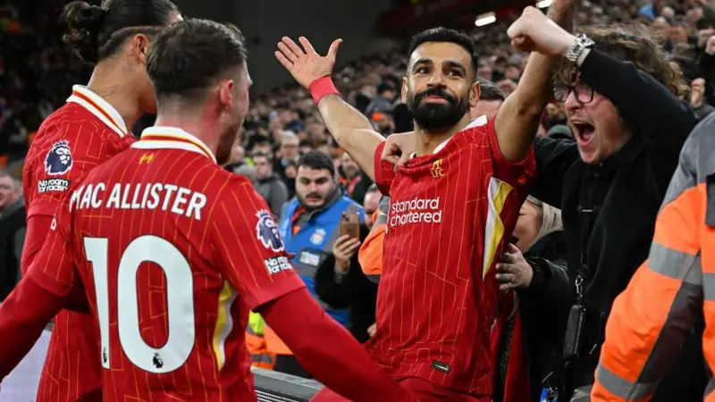 Salah celebrated with Liverpool's fans after scoring the second goal in the win over Manchester City at Anfield