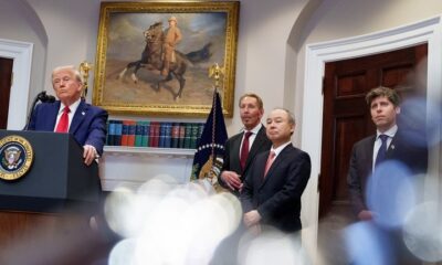 US President Donald Trump, Oracle CTO Larry Ellison, SoftBank CEO Masayoshi Son, and OpenAI CEO Sam Altman during the announcement of the Stargate initiative on January 21, 2025. © Andrew Harnik / Getty Images