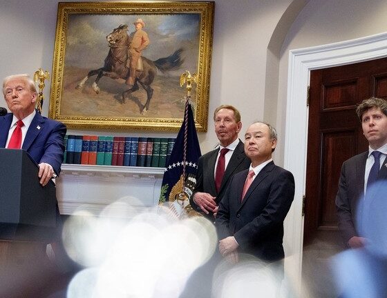 US President Donald Trump, Oracle CTO Larry Ellison, SoftBank CEO Masayoshi Son, and OpenAI CEO Sam Altman during the announcement of the Stargate initiative on January 21, 2025. © Andrew Harnik / Getty Images