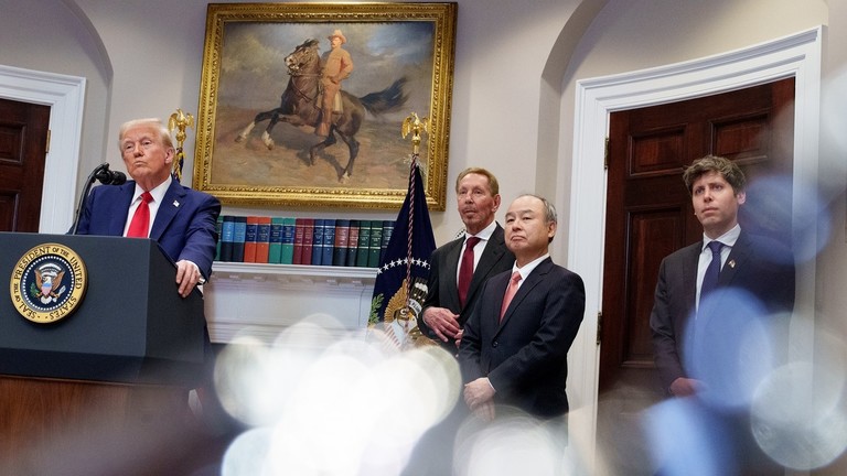 US President Donald Trump, Oracle CTO Larry Ellison, SoftBank CEO Masayoshi Son, and OpenAI CEO Sam Altman during the announcement of the Stargate initiative on January 21, 2025. © Andrew Harnik / Getty Images