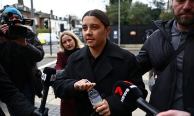 Chelsea’s Australian striker Sam Kerr reacts as she arrives at Kingston Crown Court in south London on February 3, 2025, for the start of her trial. Kerr was charged with causing a police officer harassment, alarm or distress during an incident in Twickenham, south-west London, on January 30, 2023, and pleaded not guily to racially aggravated harassment in March of 2024. (Photo by HENRY NICHOLLS / AFP)