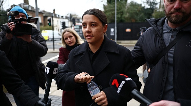 Chelsea’s Australian striker Sam Kerr reacts as she arrives at Kingston Crown Court in south London on February 3, 2025, for the start of her trial. Kerr was charged with causing a police officer harassment, alarm or distress during an incident in Twickenham, south-west London, on January 30, 2023, and pleaded not guily to racially aggravated harassment in March of 2024. (Photo by HENRY NICHOLLS / AFP)