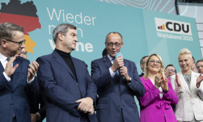 Friedrich Merz, chancellor candidate of Germany’s Christian Democrats (CDU/CSU), speaks to supporters in Berlin on February 23, 2025. © Maja Hitij / Getty Images