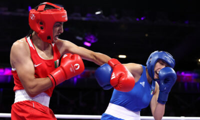 Imane Khelif of Algeria and Angela Carini of Italy during a women's 66kg match at the Olympic Games in Paris, August 1, 2024. © Richard Pelham / Getty Images