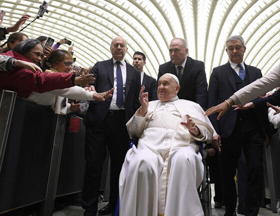 Pope Francis at his weekly General Audience at the Paul VI Hall in Vatican City, Vatican, February 12, 2025. © Vatican Media via Vatican Pool/Getty Images