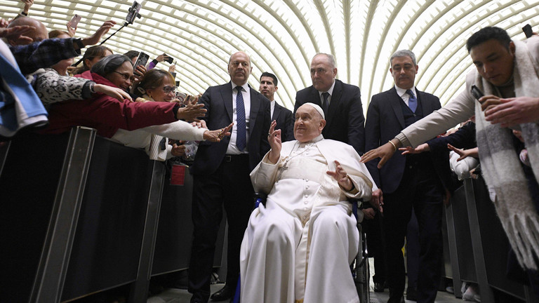 Pope Francis at his weekly General Audience at the Paul VI Hall in Vatican City, Vatican, February 12, 2025. © Vatican Media via Vatican Pool/Getty Images