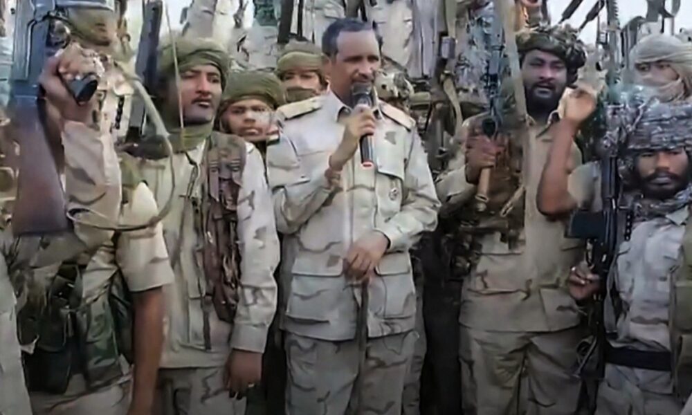 (FILES) An image grab taken from a handout video posted on the Sudanese paramilitary Rapid Support Forces (RSF) page on Twitter, rebranded as X, on July 28, 2023, shows its commander Mohamed Hamdan Daglo addressing RSF fighters at an undisclosed location. (Photo by Rapid Support Forces (RSF) / AFP)