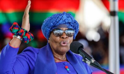 The South West Africa People’s Organisation (SWAPO) presidential candidate Netumbo Nandi-Ndaitwah delivers a speech during a campaign rally in Windhoek on November 24, 2024, ahead of Namibia’s general election due on November 27 to elect a new president and members of the National Assembly. (Photo by SIMON MAINA / AFP)