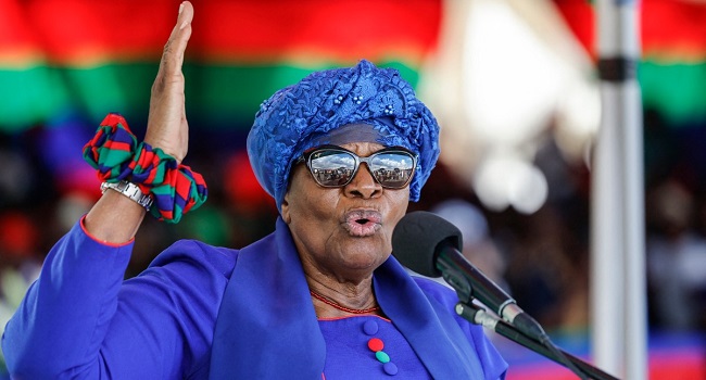 The South West Africa People’s Organisation (SWAPO) presidential candidate Netumbo Nandi-Ndaitwah delivers a speech during a campaign rally in Windhoek on November 24, 2024, ahead of Namibia’s general election due on November 27 to elect a new president and members of the National Assembly. (Photo by SIMON MAINA / AFP)